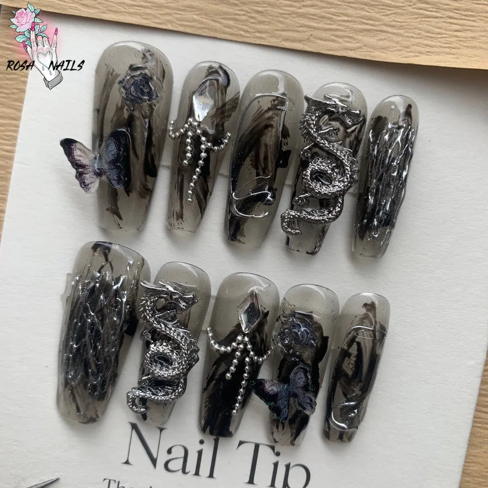 Punk Dragon Charms Press on Nail Künstliche lange künstliche Nägel XS Black Dragons Goth Presson Tips Schmetterling Fake Nail y2k Pressons