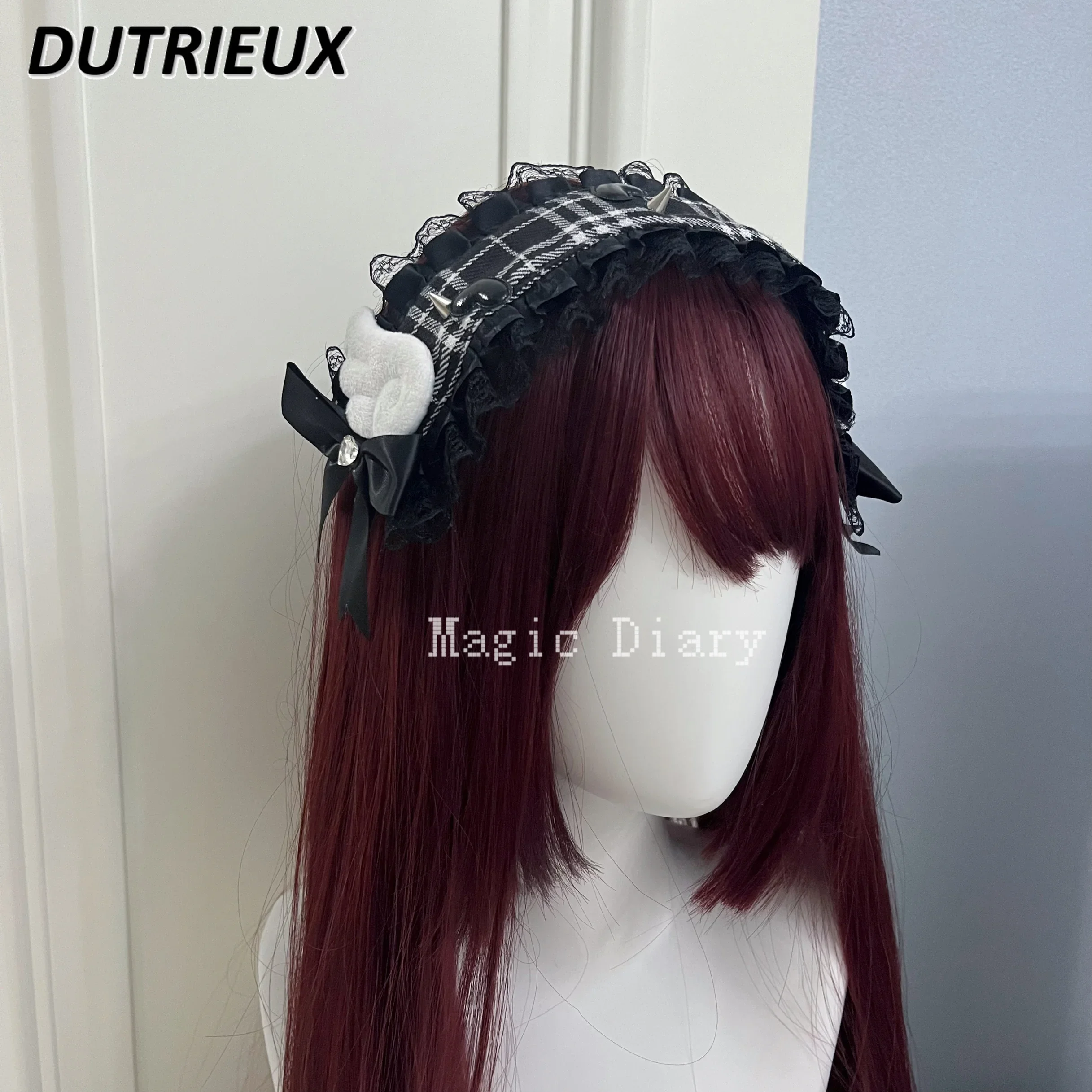 Japanese Style Lace Edge Rivet Wings Hair Band Dark Plaid Sweet Cute Girls Wild Barrettes Lolita Headdress Accessories