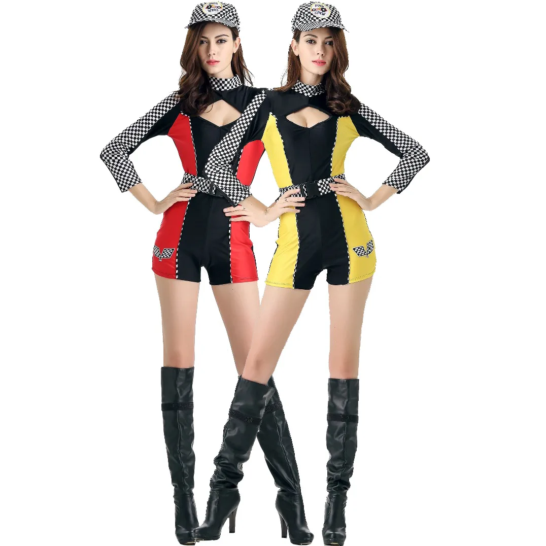 Halloween Sexy Race Car Driver Cosplay Costumes Women Sexy Racing Jumpsuit with Hat Racer Girl Uniform Cheerleaders Costume