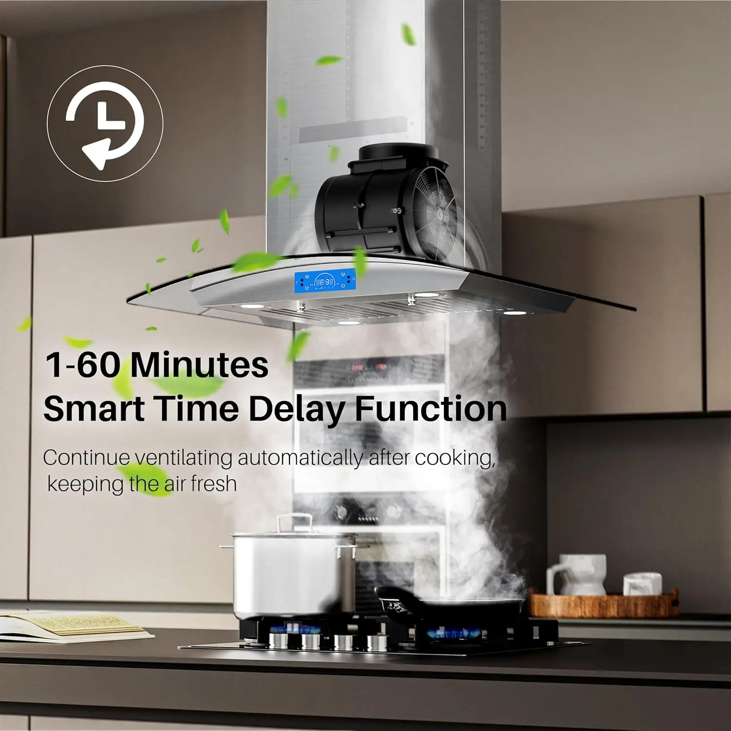 Island Range Hood 30 inch 700 CFM with Chimney, Ceiling Mount Kitchen Vent Hood with Tempered Glass, 4 LED Lights, Perma