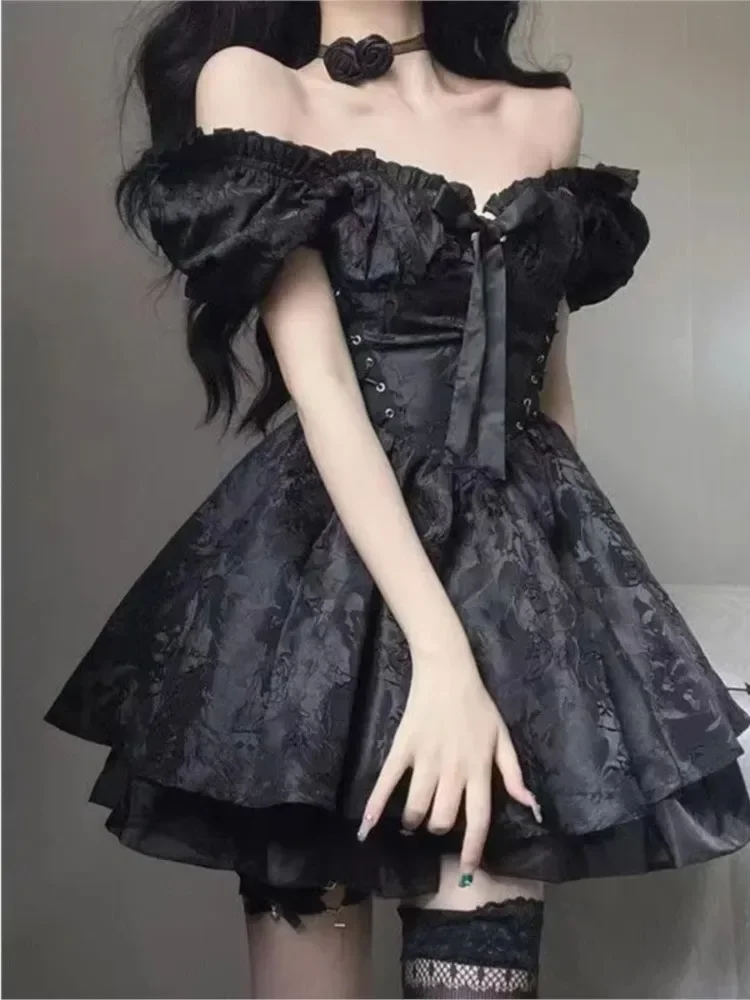 여성용 빈티지 고딕 공주 원피스, 블랙 스퀘어 퍼프 슬리브 파티 원피스, 여성 러플 A 라인 로리타 귀여운 미니 원피스, 2023 여름
