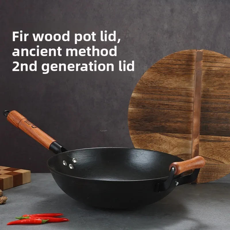 Wooden Lid for Cast Iron Wok Rustproof Classic Cooking Pan Cover Durable Kitchen Replacement Pot Cap Anti-Splash Resistant Fits