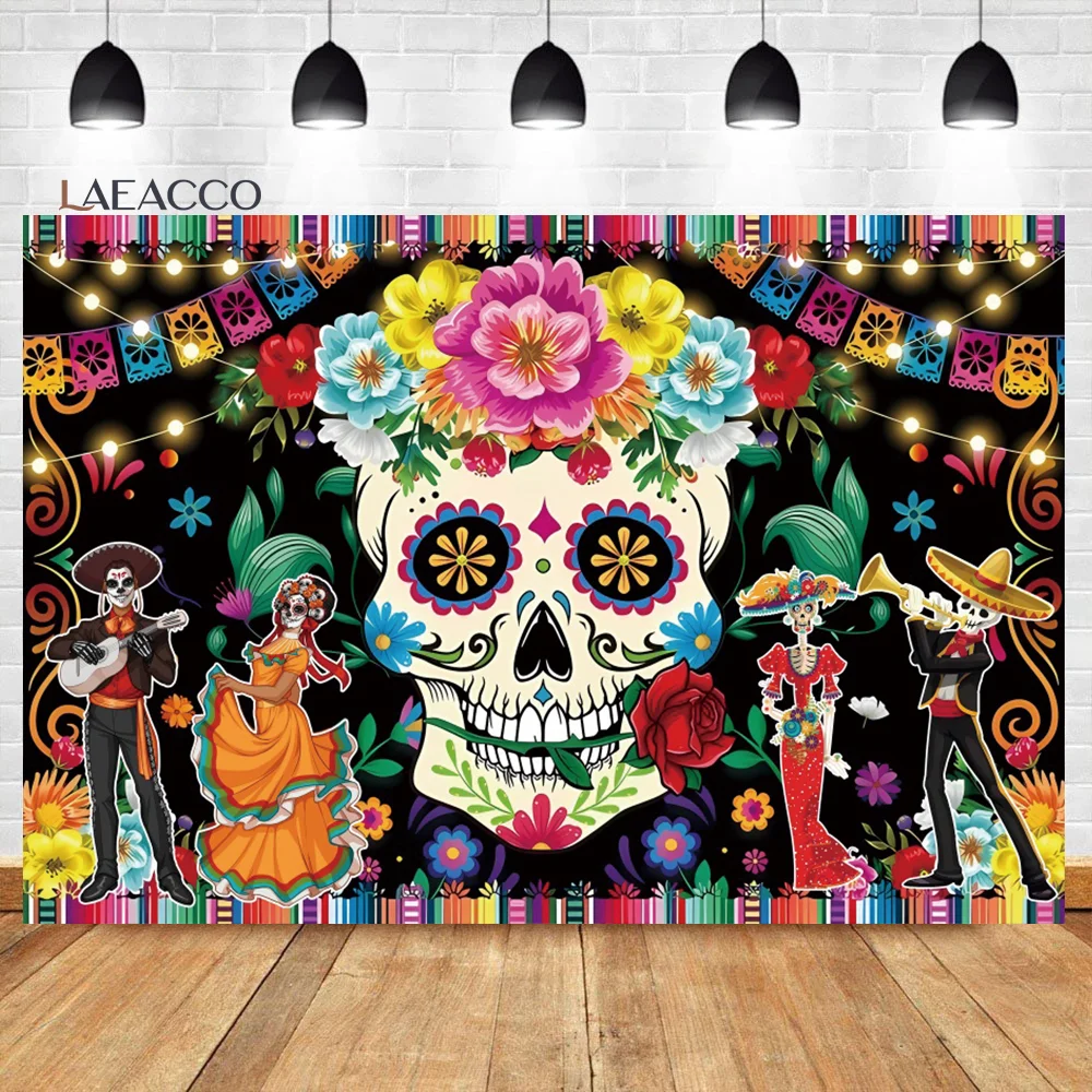 

Laeacco Day of The Dead Backdrop Mexican Fiesta Sugar Skull Flowers Dia De Los Muertos Party Portrait Photography Background