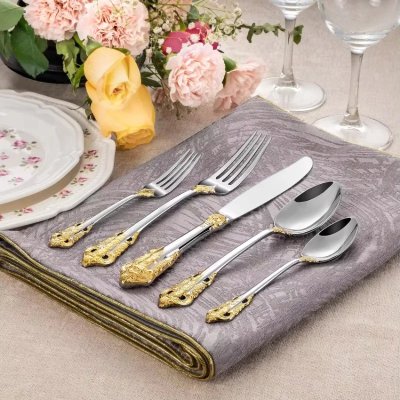 High Quality Vintage 304 Stainless Steel Spoon Fork Flatware Silverware Royal Hotel Wedding Gold Luxury Baroque Cutlery Set