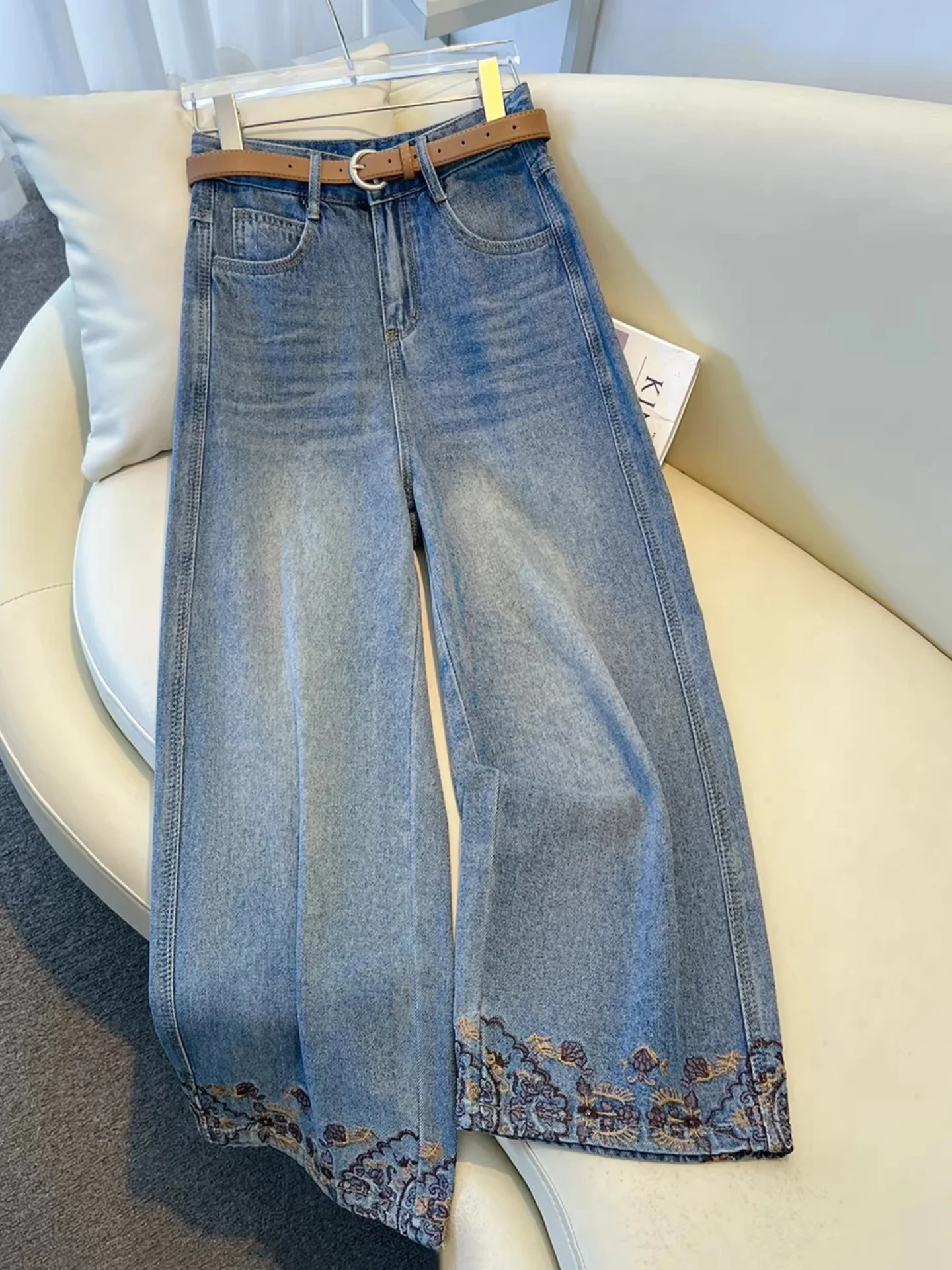 

Elegant Embroidered Wide Leg Denim Jeans High Waist Straight Cut Trousers for Women Spring Autumn Seasonal Fashionable Eighteen