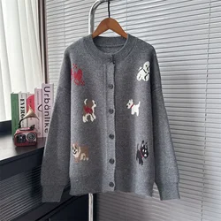 2024 autumn and winter design gray puppy sweater coat Korean style cute sweet lazy style knitted cardigan