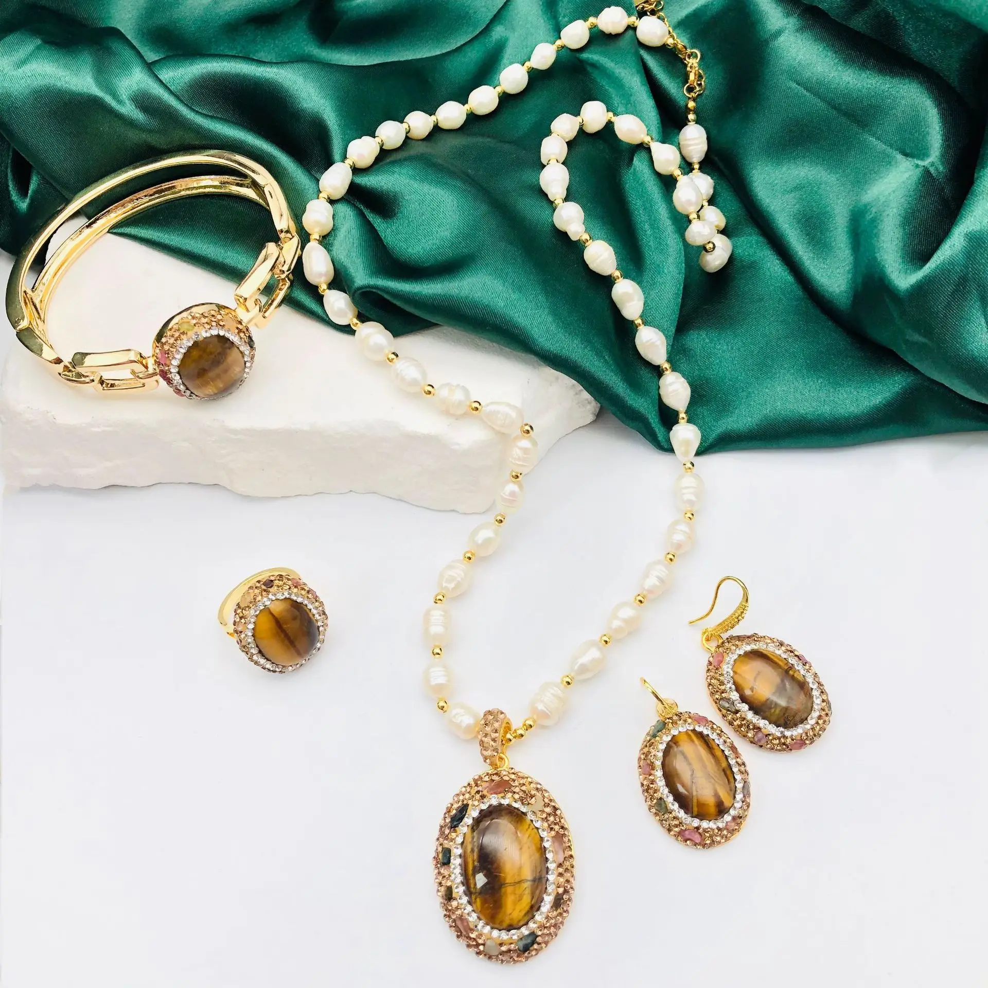 Tiger Eye Stone Freshwater Pearl Sweater Chain Bracelet Earrings Ring Four-Piece Set Fashion Woman Jewelry Set Party Gift