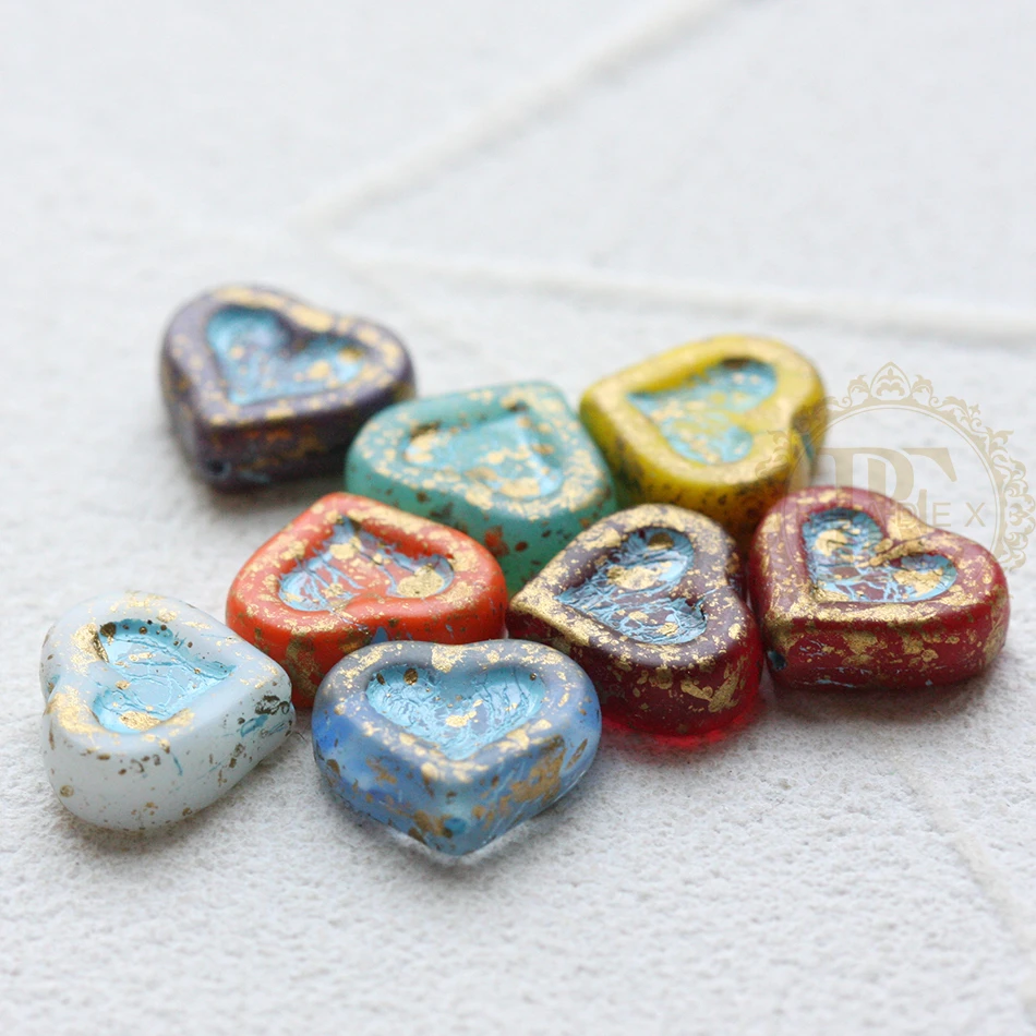 One Piece Czech Glass Mixed Heart Bead - Matte Gold Rain - Random Selected 14x12mm (CZE)