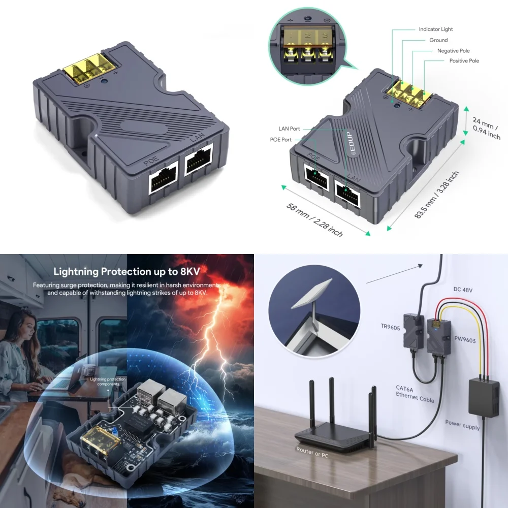 

EDUP 150W GigE PoE Injector for Starlink 10/100/1000Mbps Gigabit Ethernet Power over Ethernet Adapter 2 Port Satellite