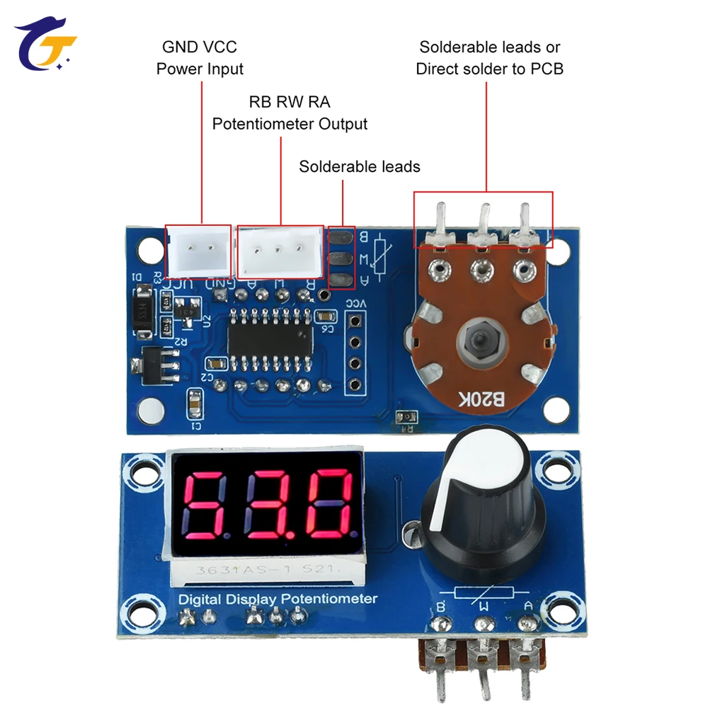 

Single Channel Digital Potentiometer Module - 5K/10K/20K Adjustable Resistor with 3-Digit LED Display for Precision Control