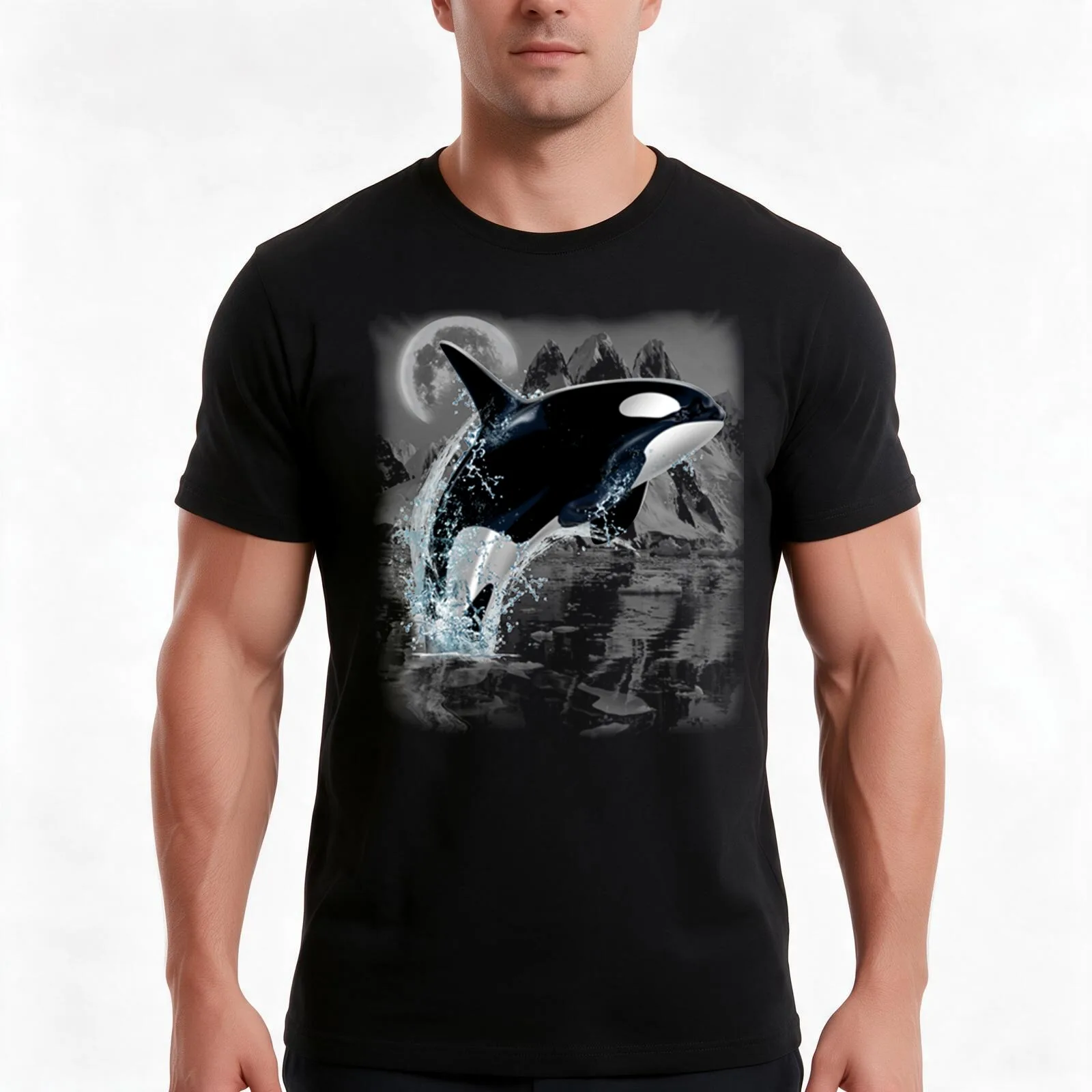 Orca Whale Dancing in Moonlight T-Shirt, Summer Casual Cotton Tee, Oversized Streetwear Tops, Vintage Graphic Print, 100% Cotton