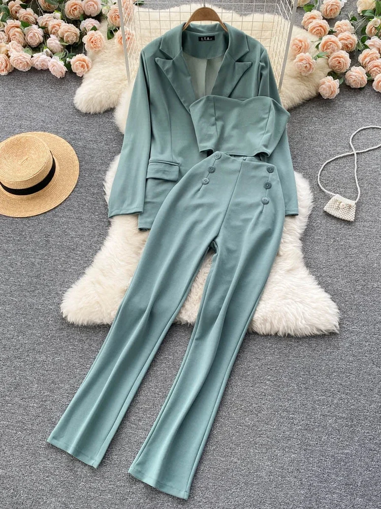 Women Streetwear Blazer Three Piece Sets Spring Autumn Casual Jacket and High Waist Pencil Pants Outfits Elegant Suits