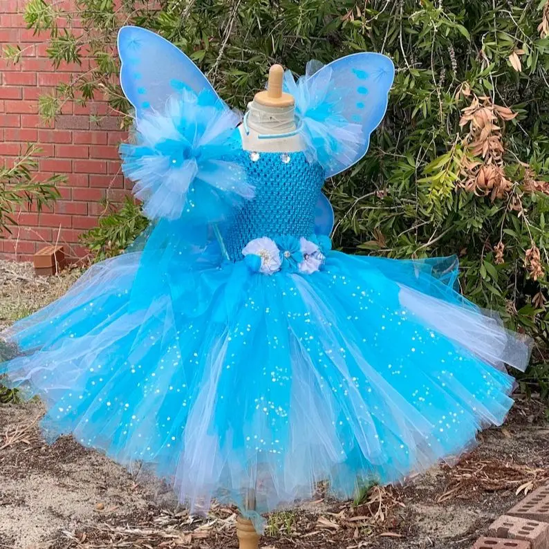 Girls Blue White Glitter Tutu Dress Kids Flower Fairy Dress with Butterfly Wing Stick Children Party Costume Princess Dresses