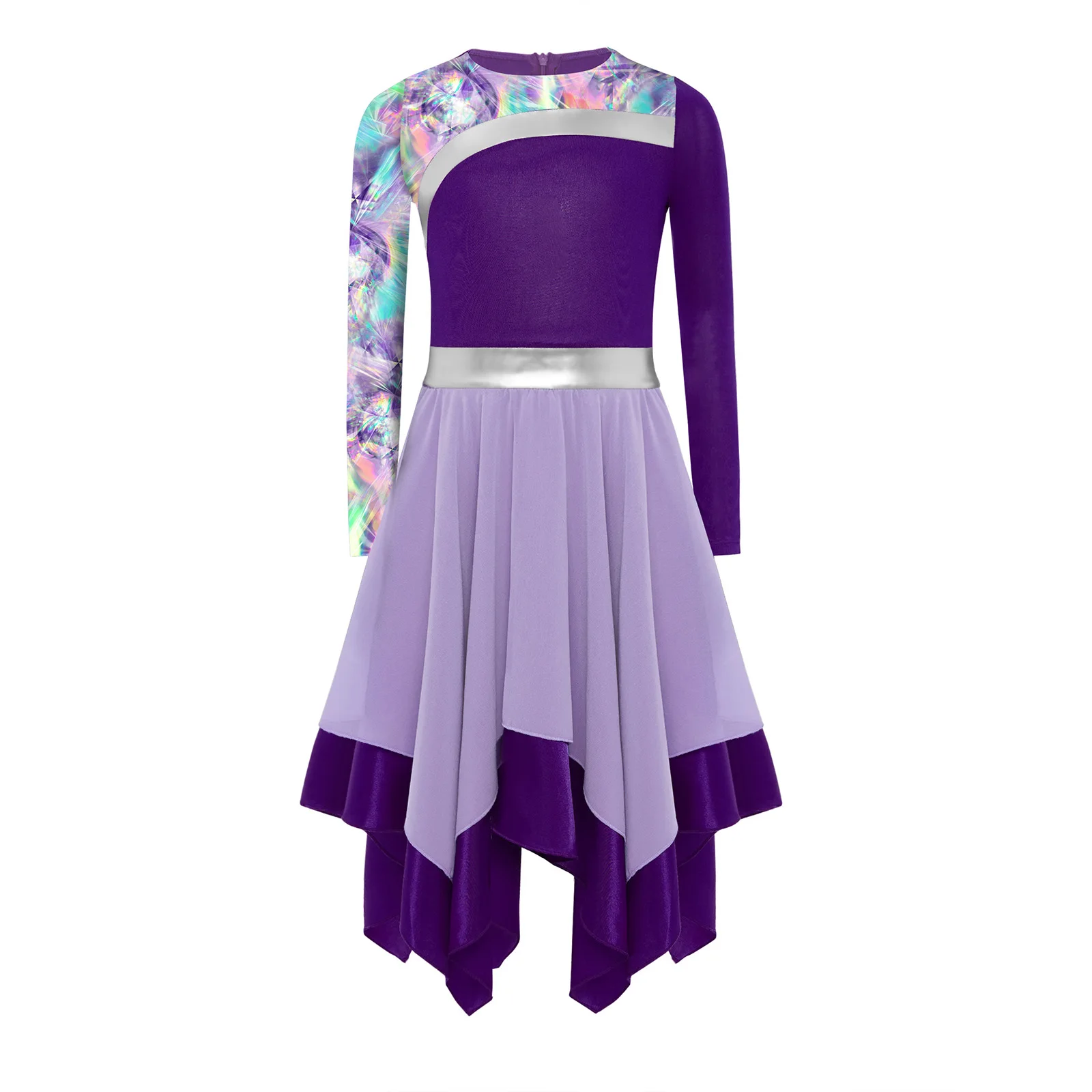 Dziewczęca sukienka do tańca liturgicznego z długim rękawem, metalicznym nadrukiem, strój do chwały, do kościoła, chóru, na występy, kostium do baletu, sukienki liryczne.