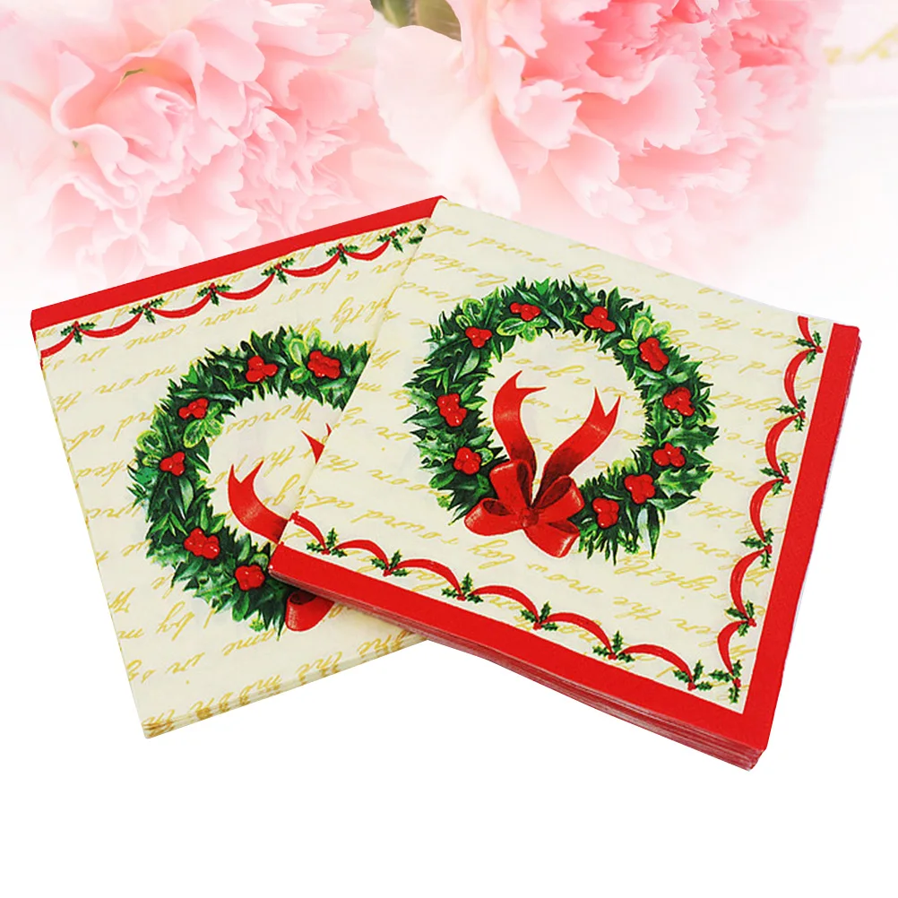 

100Pcs Festive Christmas Garland Napkins Printed Premium Wood Pulp Dinner Paper Napkins Disposable Party Supplies Xmas Birthday