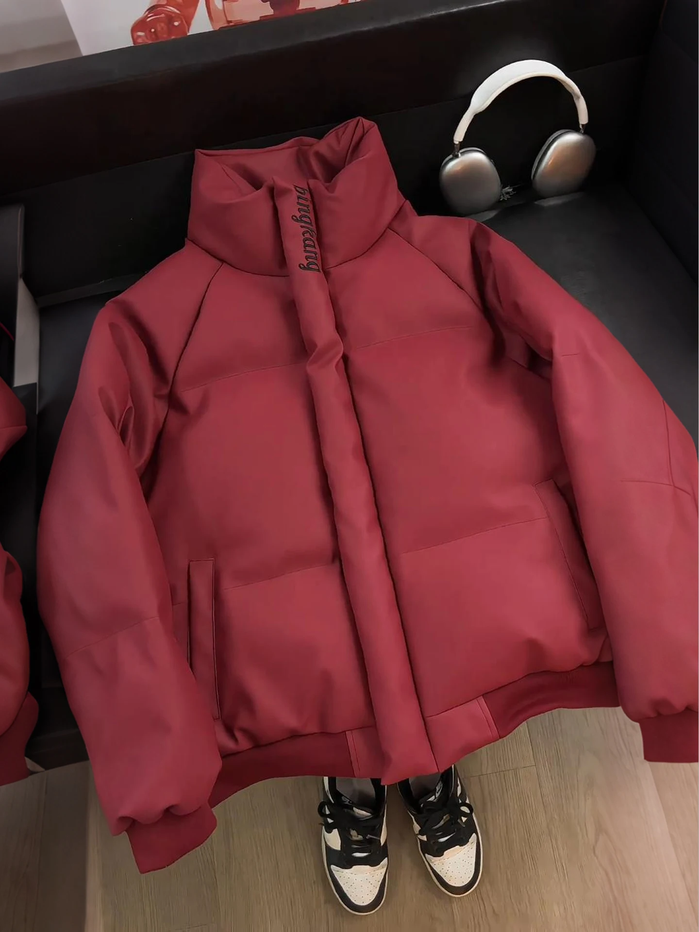 

Red Wine Color Men's down Jaet Winter Thiened American Sle PU Leather Cotton Coat ort Bread Sle High Sensation