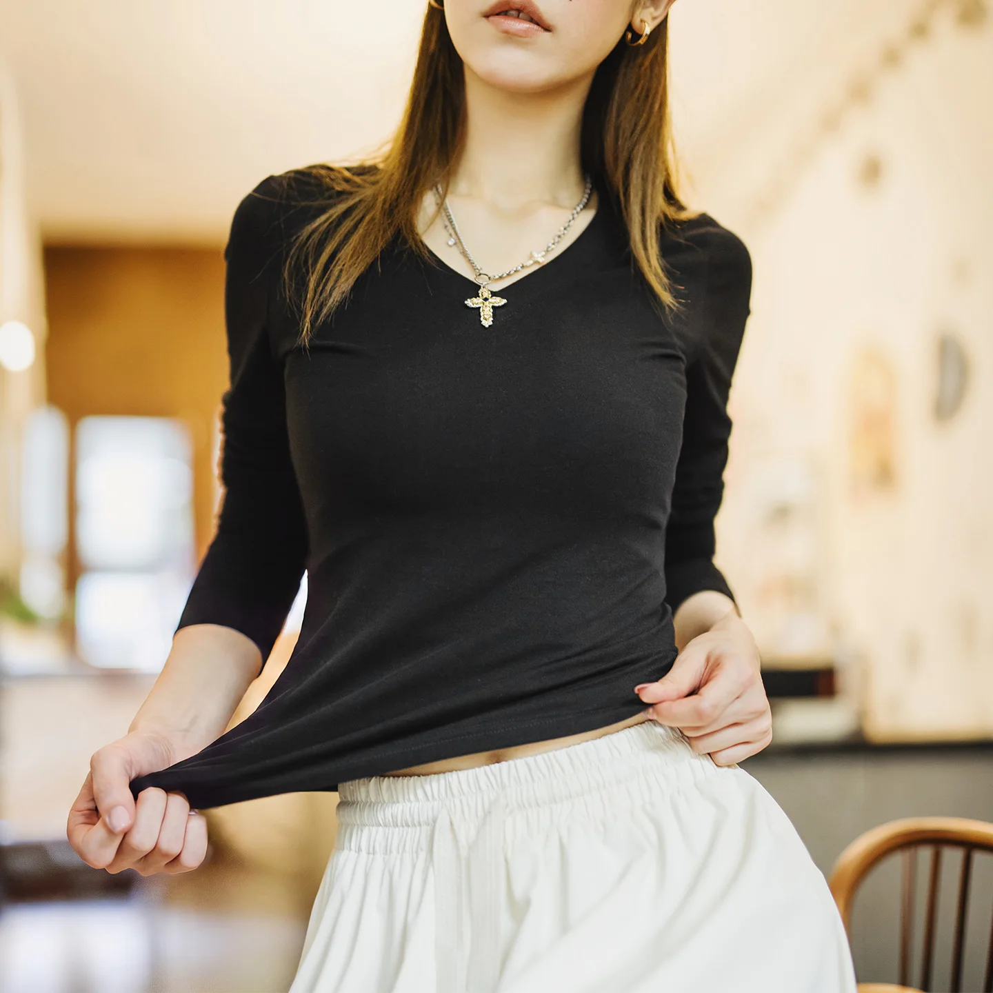 Maden Women's V Neck Long Sleeve T Shirt Slim Fit Cotton Lyocell Solid Base Layer Yoga Minimalist Top Casual Autumn Outwear