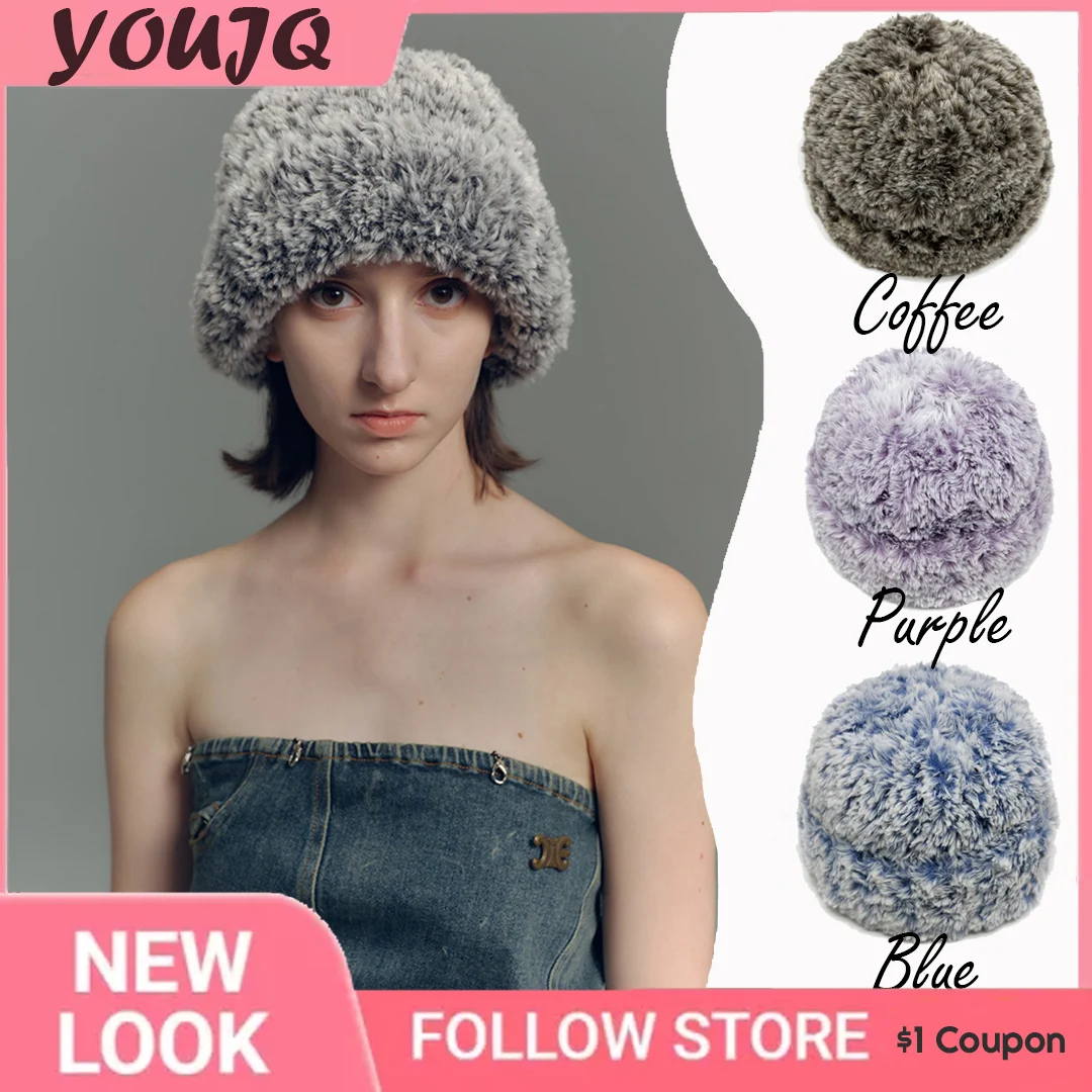 Korean Hand-crocheted Gradient Imitation Fur Wool Hats for Women Autumn Winter Soft Atmosphere Feeling Knitted Warm Plush Caps