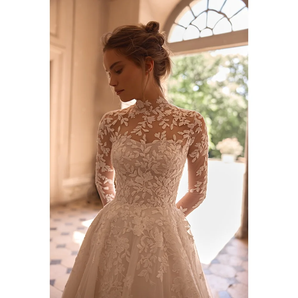 Arabisches Hochzeitskleid, maßgeschneidert, hoher Kragen, lange Ärmel, exquisites Ballkleid, Brautkleid, Hofschleppe, arabische Brautkleider