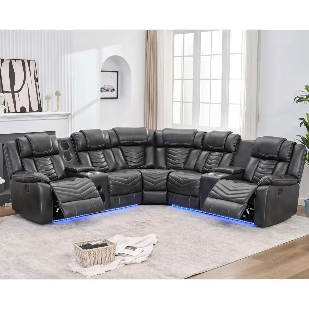 recliner，Power Reclining Sectional Couch with Bass Speaker Recliner Reclining Sectional Sofa with LED Light Faux Leather