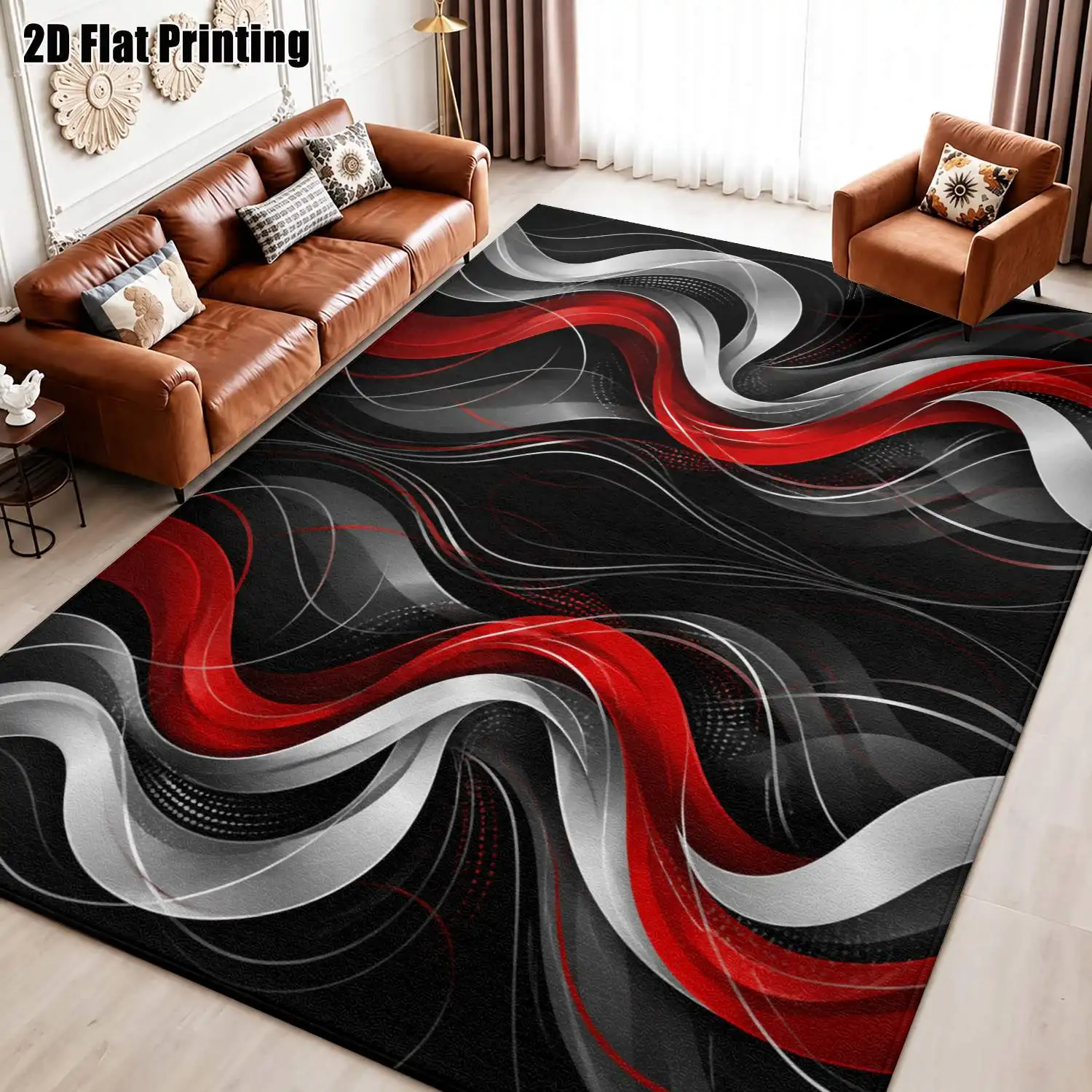 1Pc 2D Printed Carpet: Nordic/Instagram-Style, Red Gray White Abstract Geometric Pattern, Machine Washable, Multi-Size, Home Decor for Entryway, Dining Room, Bedroom, Living Room