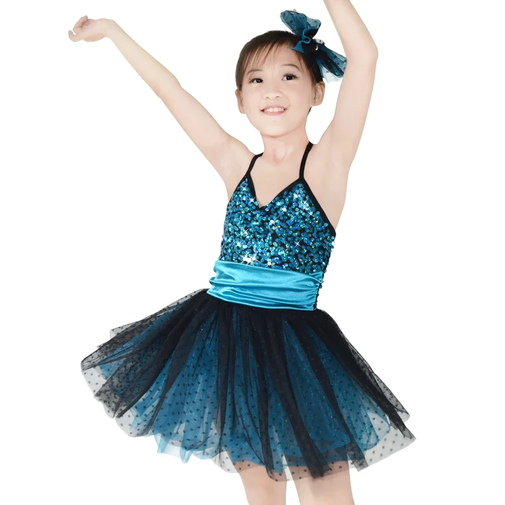 MiDee Sequin Kids Dance Dress Black Polka Dot Over Turquoise Tulle Dress Girls Dance Costumes