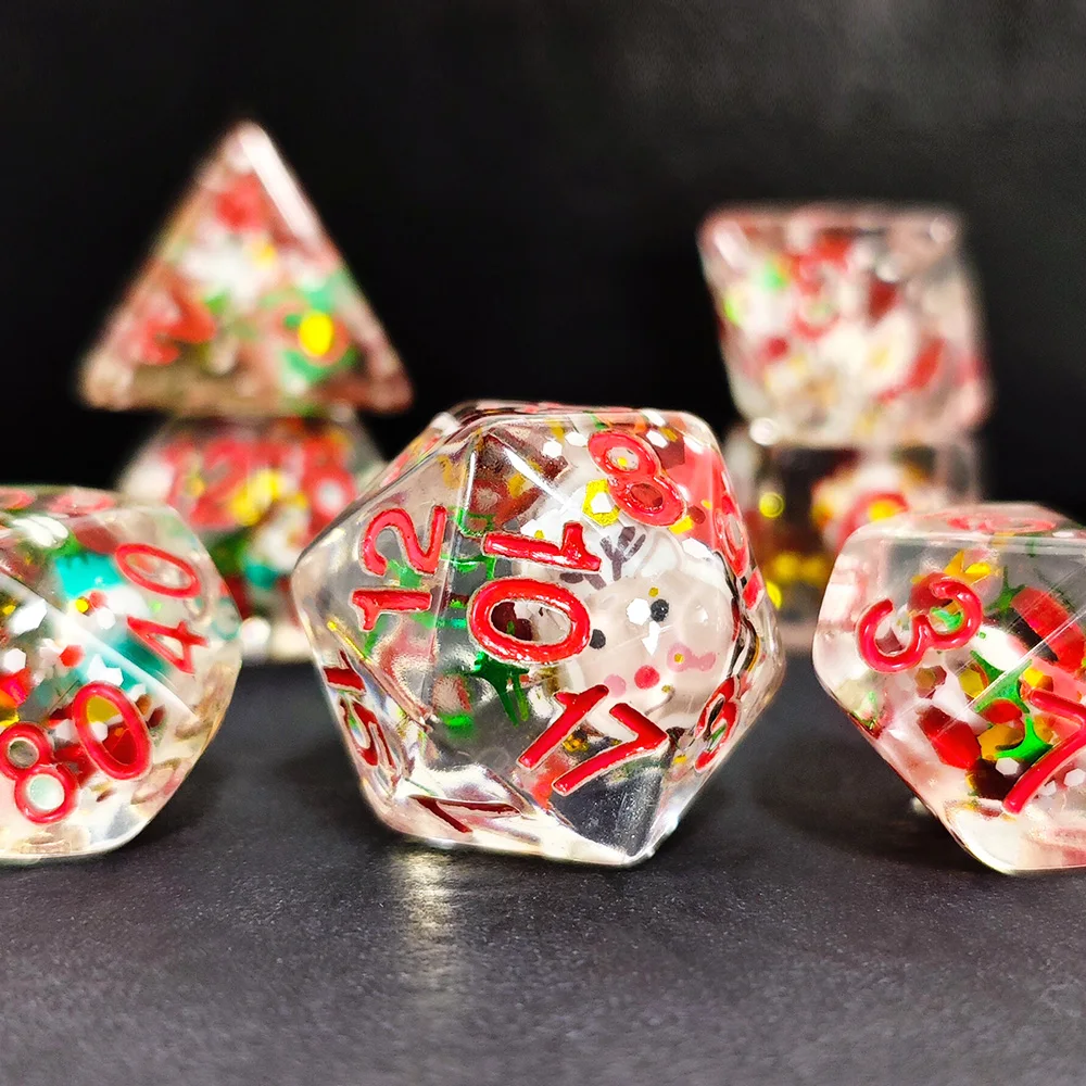 7Pcs Resin Polyhedral Dice Set, Christmas Theme, Red Number, Multi Sided Tabletop Game Dice For DND RPG Role Playing Board Game
