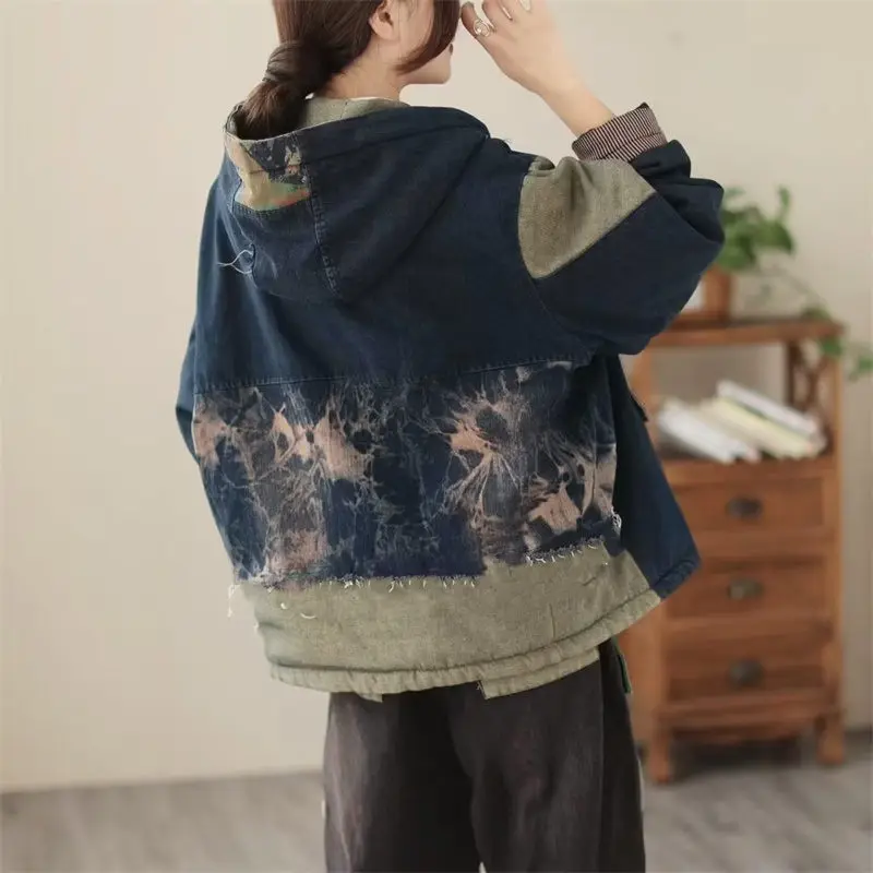 Mùa Đông Vintage Giặt Denim In Chia Áo Khoác Nỉ Có Mũ Nữ Lỏng Lẻo Của Kích Thước Lớn Ấm Lót Lông Mujer "Chaqueta T930