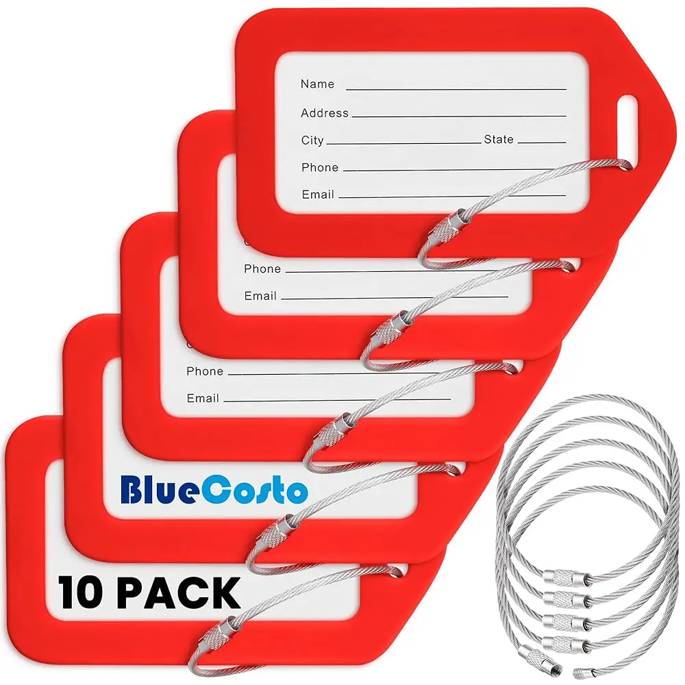 

Free Shipping- Luggage Tags - Red, 10 Pack - Suitcase Tags with Name ID Card & Heavy-Duty Metal Wire Loops - Bright Colored PVC