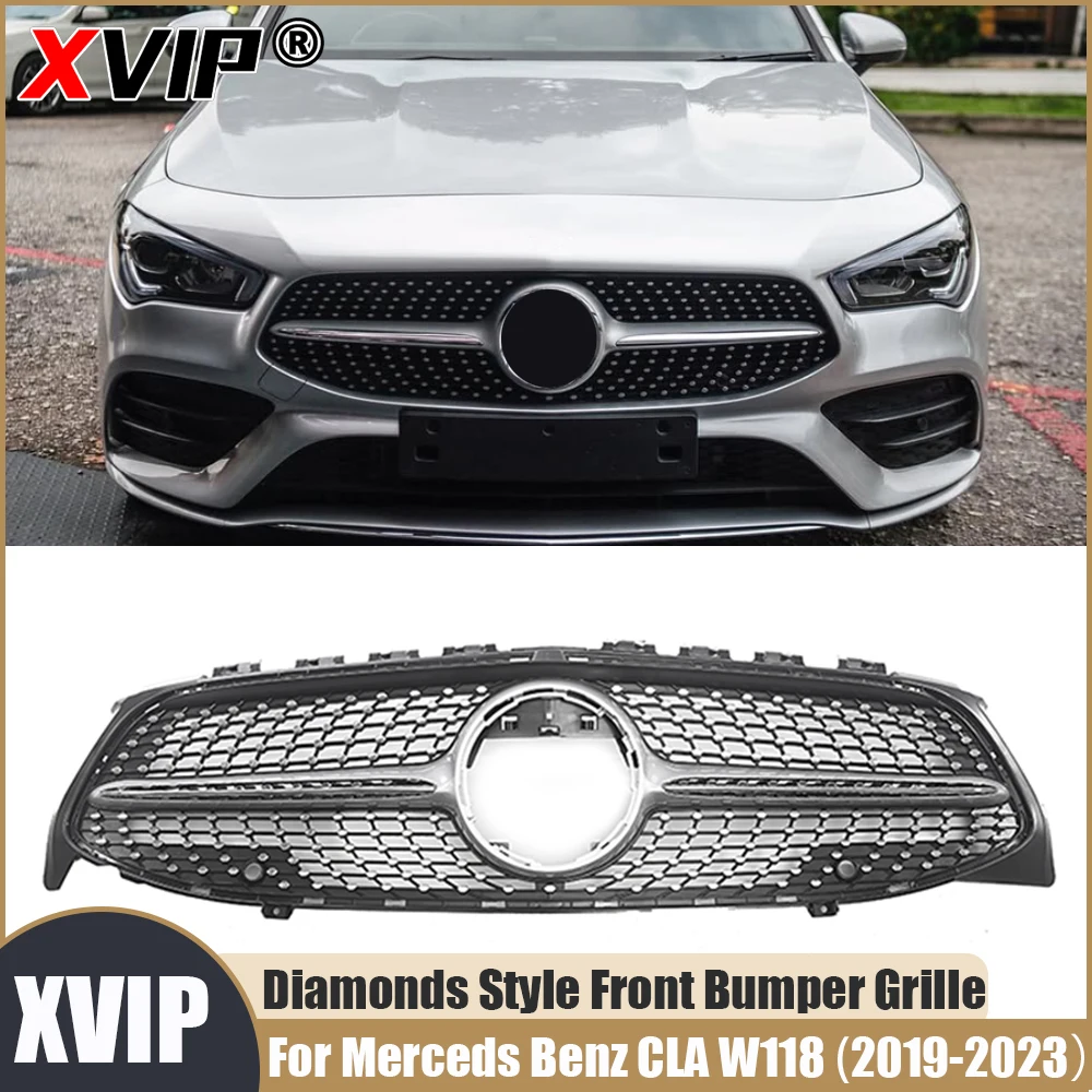 

XVIP Diamonds Front Upper Grille Chrome Silver Racing Grills For Mercedes Benz CLA-Class W118 2020-2023 CLA200 CLA250 CLA35 AMG