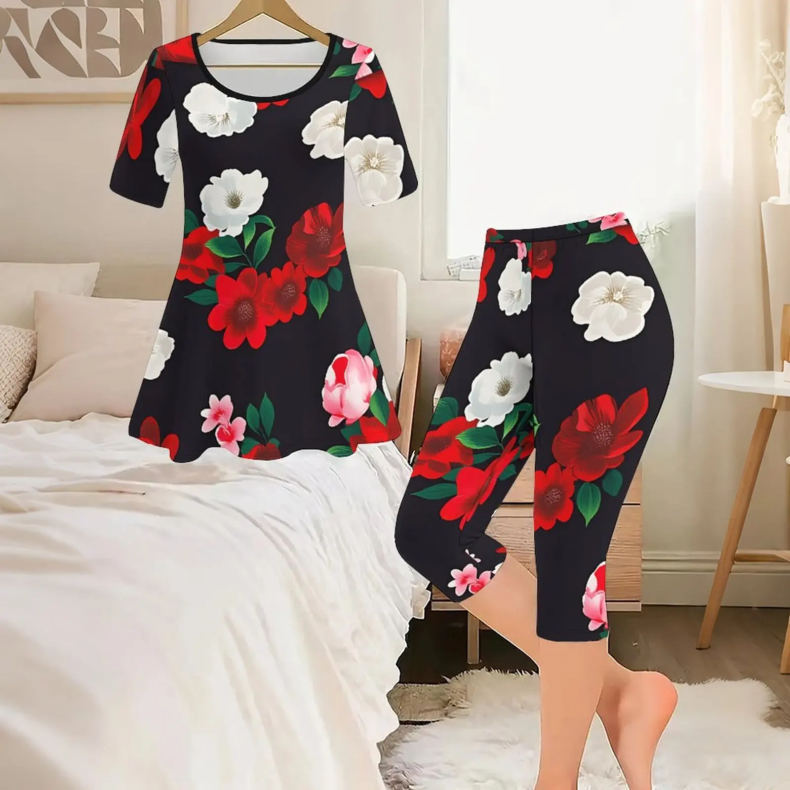 2pcs Casual Jogger Pants  Slim Sport Pants Ladies Printed Pants Daily Fashion Leggings Set  Women's Top Round Neck Short Sleeve