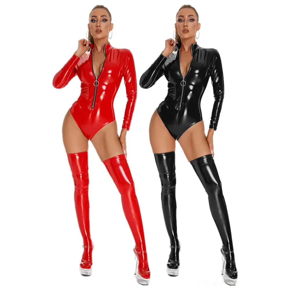 Women Wetlook PVC PU Leather Bodysuit Ladies Shiny Shaping Latex Leotard Long Sleeves Sexi