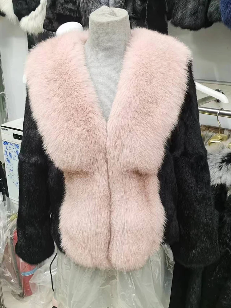 Furshehe Vrouwen Winter Real Rabbit Fur Coat Met Grote Fox Bontkraag Luxe Fashion 55Cm Korte Jas Warm Streetwear overjas