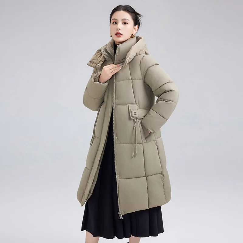 Nuovi piumini lunghi con cappuccio Abbigliamento Colletto alla coreana da donna Cappotto caldo addensato Piumino elegante invernale tinta unita femminile