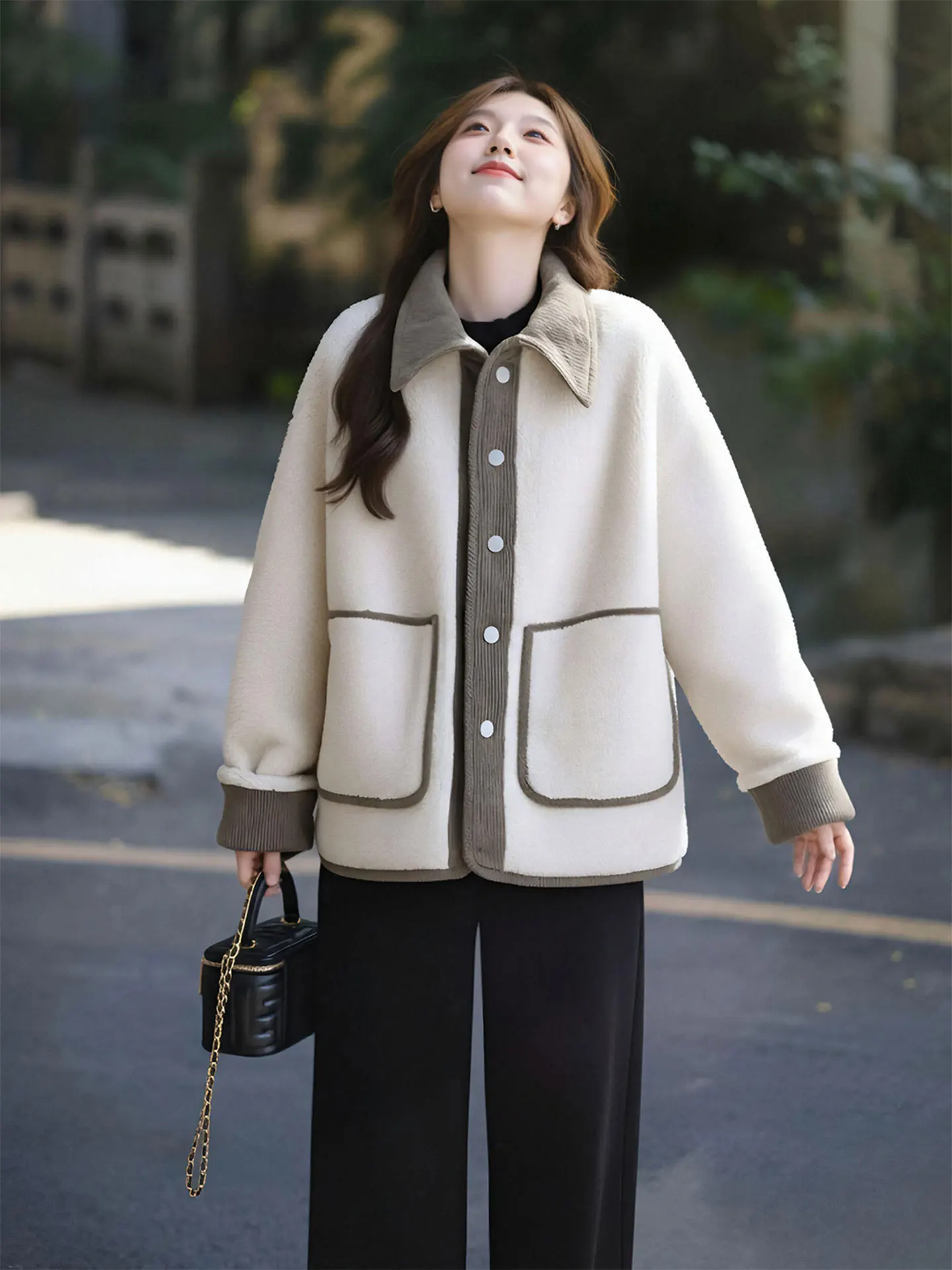 Korean Style Loose Lamb Fur Jacket Plaid Color Block Collar Cotton Coat Warmth Casual Fashion Women's Short Outerwear