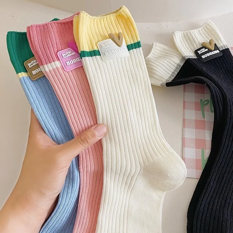 

Women's Middle Tube Socks College Style Color Match Dopamine Sweet Love Striped Tide Autumn And Winter Cotton Socks Girls Gift