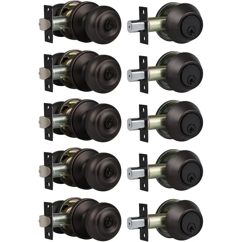 

5 Pack Entry Door Knob and Deadbolt Set, Keyed Alike Oil Rubbed Bronze Exterior Door Knob with Single Cylinder Deadbolt Lock Set