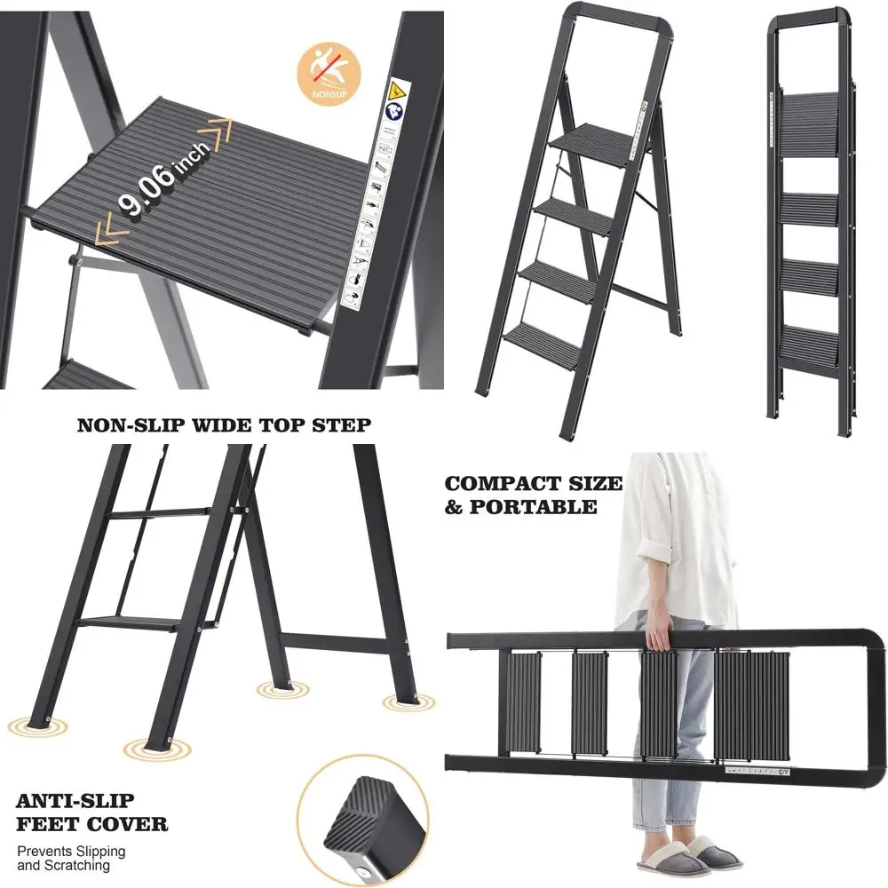 

Compact Aluminum Step Ladder with Anti-Slip Treads, Folding for Kitchen, Garage, Home Use, Portable and Sturdy, Black