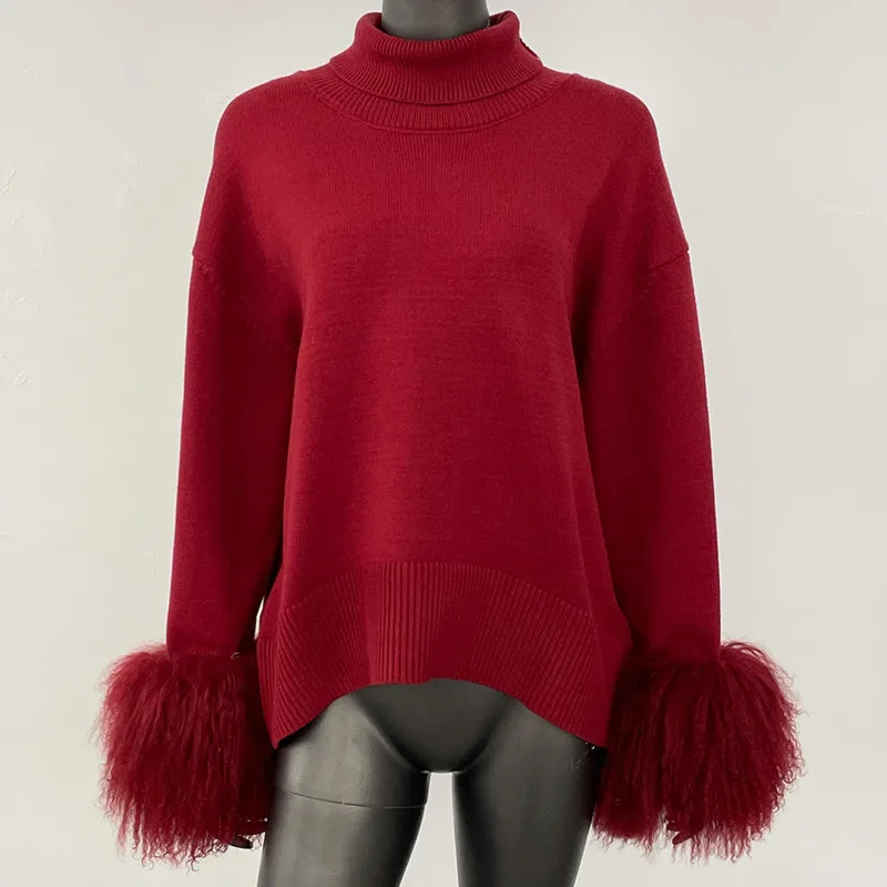 HUISONG ファッションプルオーバー女性ニットコート女性羊の毛皮ニットコート女性モンゴル羊の毛皮暖かいセーター秋冬