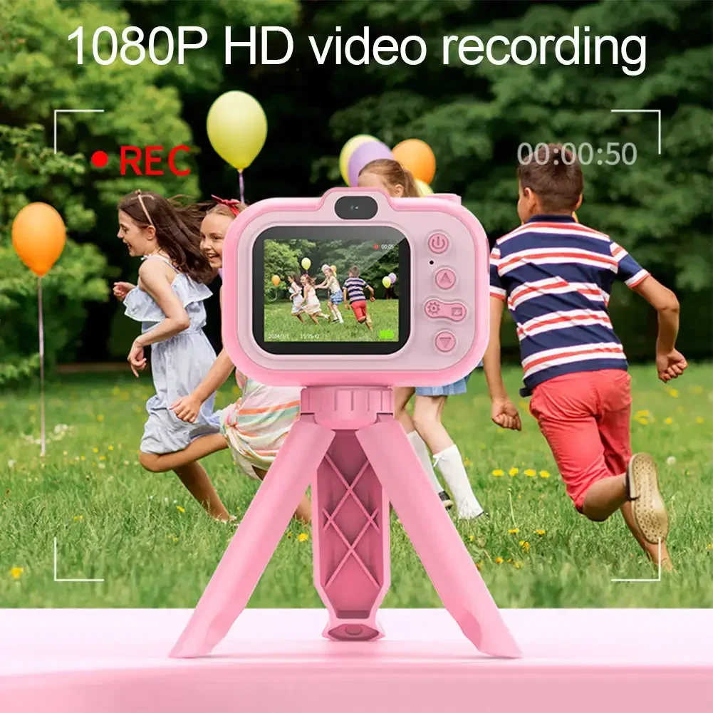 Kamera Digital lensa ganda anak-anak, 1080P layar IPS 2.0 inci dengan tali leher Tripod hadiah Natal ulang tahun