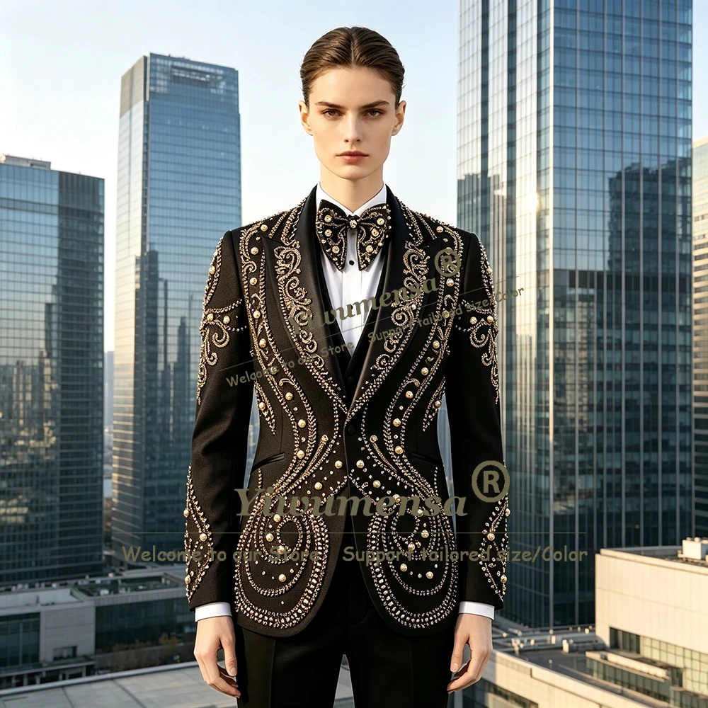 Exclusive Beading Crystals Suits Women Slim Fit Shawl Lapel Prom Blazer Vest Pants 3 Piece Lady Tuxedo Customized Female Dress