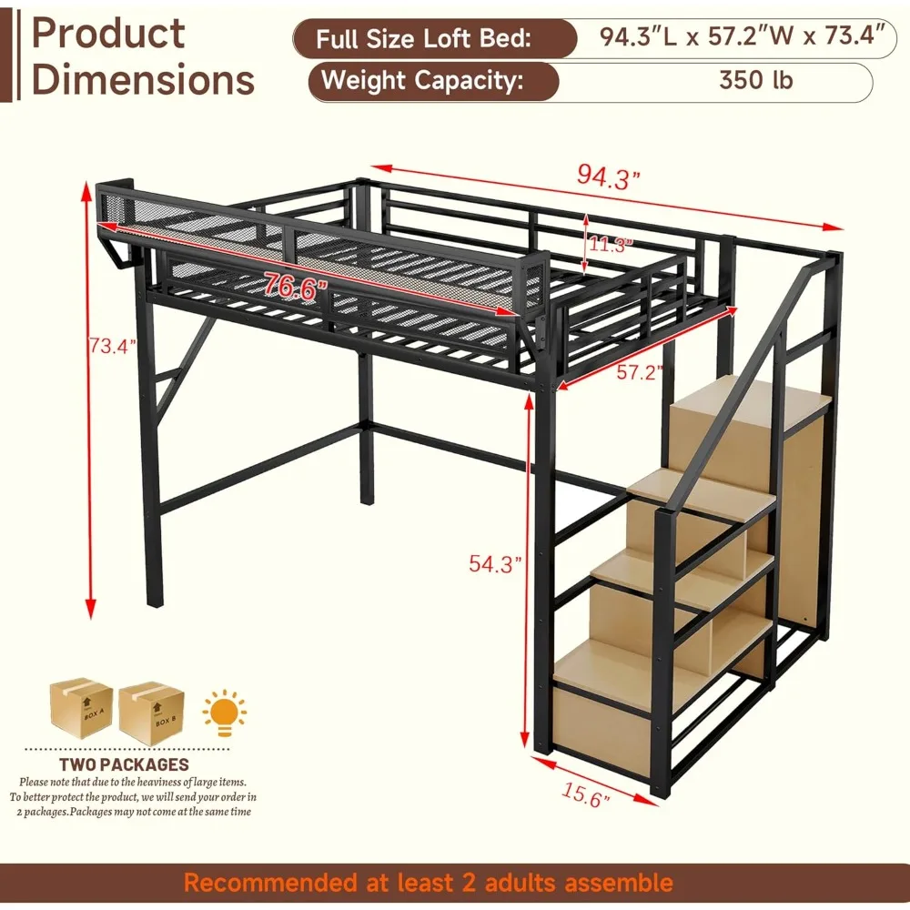 Letto a soppalco full size con scale e contenitori, struttura letto a soppalco in metallo con ripiano sul comodino e ampio spazio sotto il letto, letto resistente per
