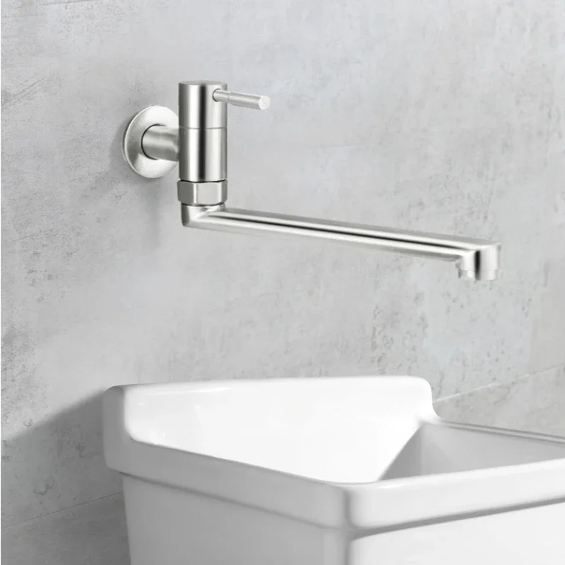 Stainless Steel Balcony Laundry Sink Faucet Wall-Mounted Quick Opening Kitchen Cold Water Faucet Rustproof with Extended Spout