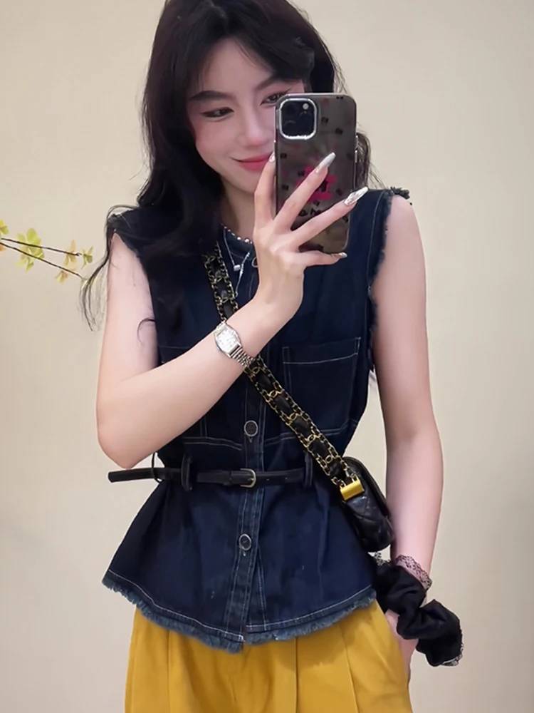 Sommer Neue Denim irt frauen Lose Svel Reine Farbe Weste Design Sinn Kleine Top Koreanische Sle Gerade Rohr Taste