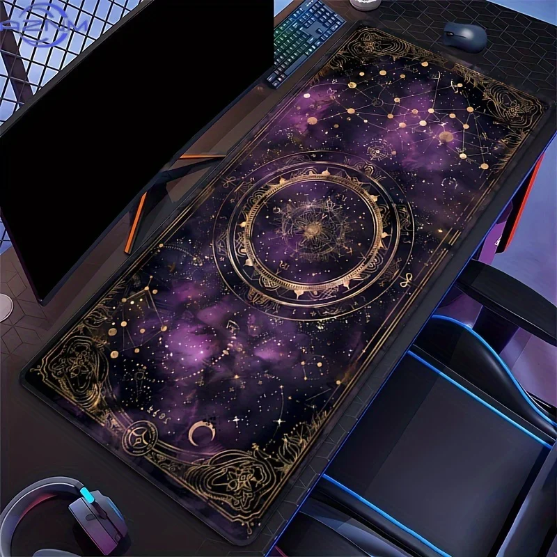 Charming Oversized Purple Card Moon and Stars Gaming Mouse Pads, Anti-slip Durable Table Pad, Suitable for Gamers and Office Use