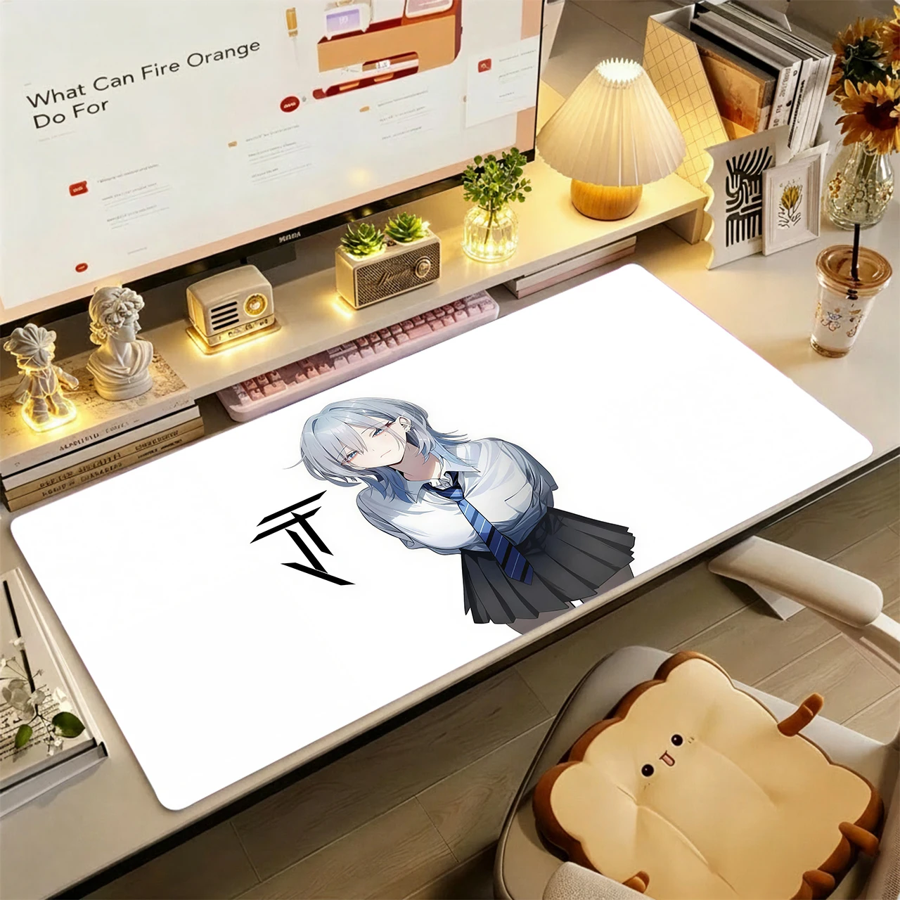 Gaming Mouse Pad,Large Desk Mat,Anti-slip Rubber Base,Stitched Edges,White JK Uniform Light Blue Hair Anime Girl Print