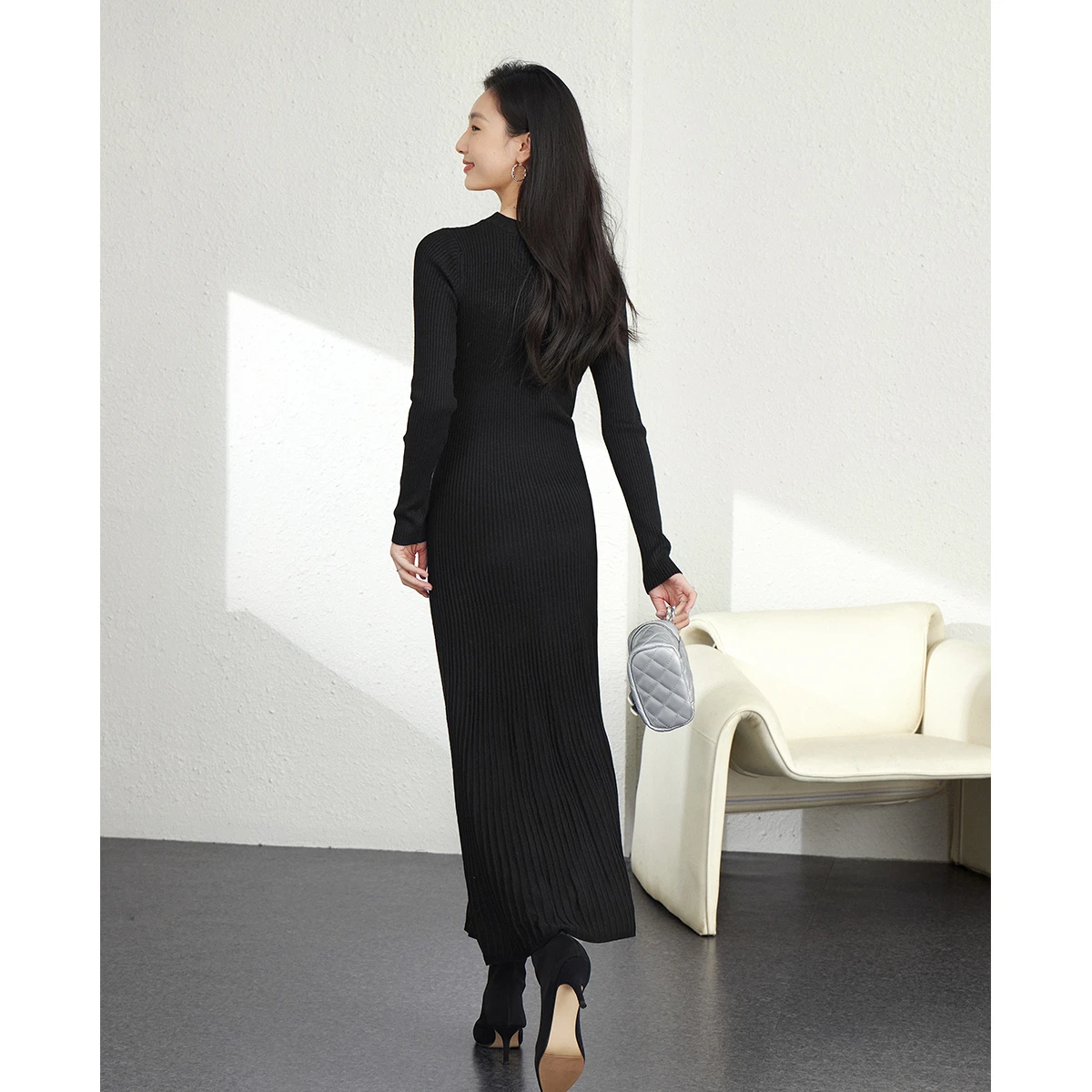 VIMLY robes longues 2025 hiver femme élégante laine mélange tricoté robe de soirée a-ligne col rond mince moulante robe mi-longue 73533