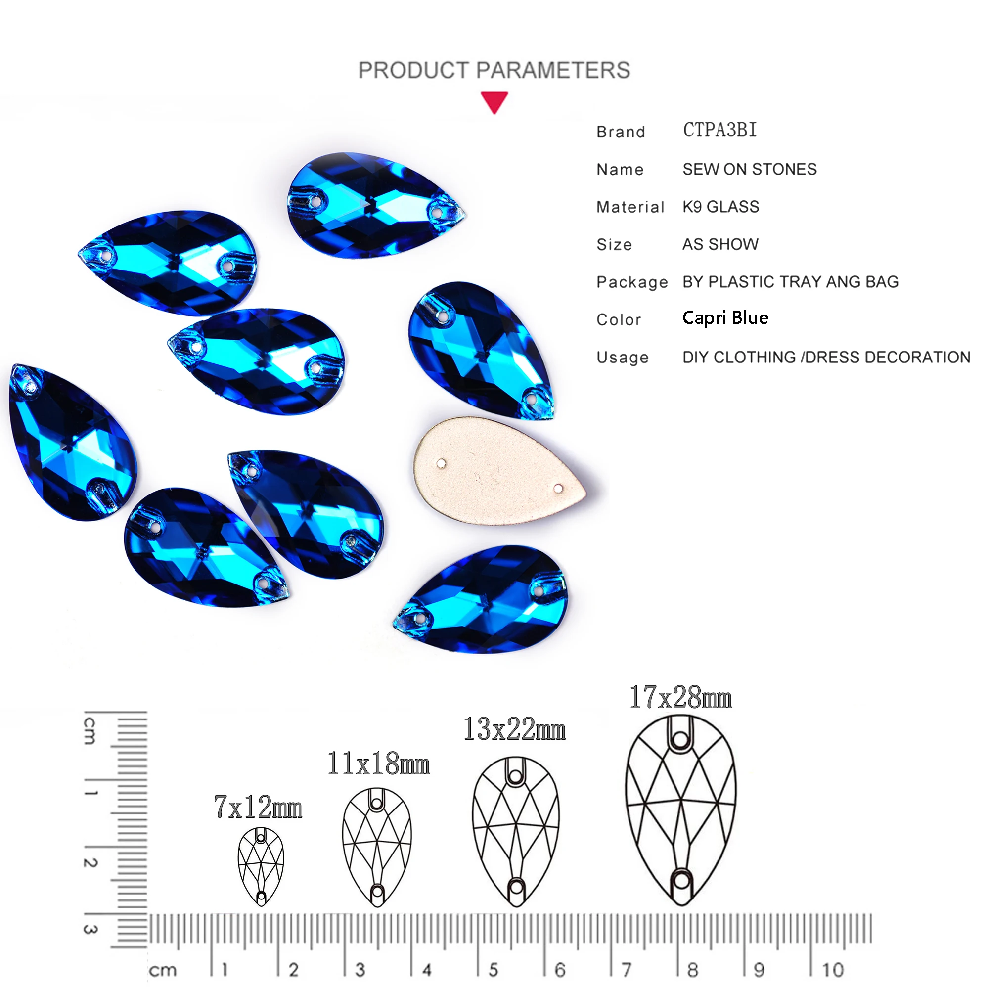 Capri Blue Sew On Rhinestones Glass Strass Flatback Crystal Stones for Garment Clothes Jewellery Sewing Wedding