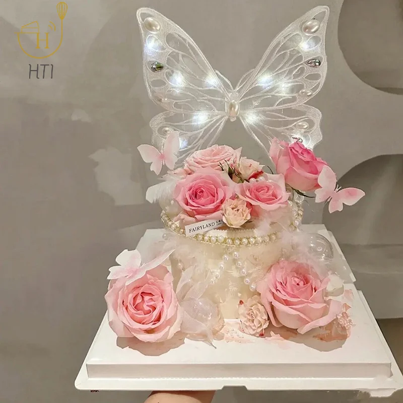 Valentine's Day Cake Topper Decoration Handmade Big Butterfly Insert Queen Mother Happy Birthday Love Led Light Baking Supplies