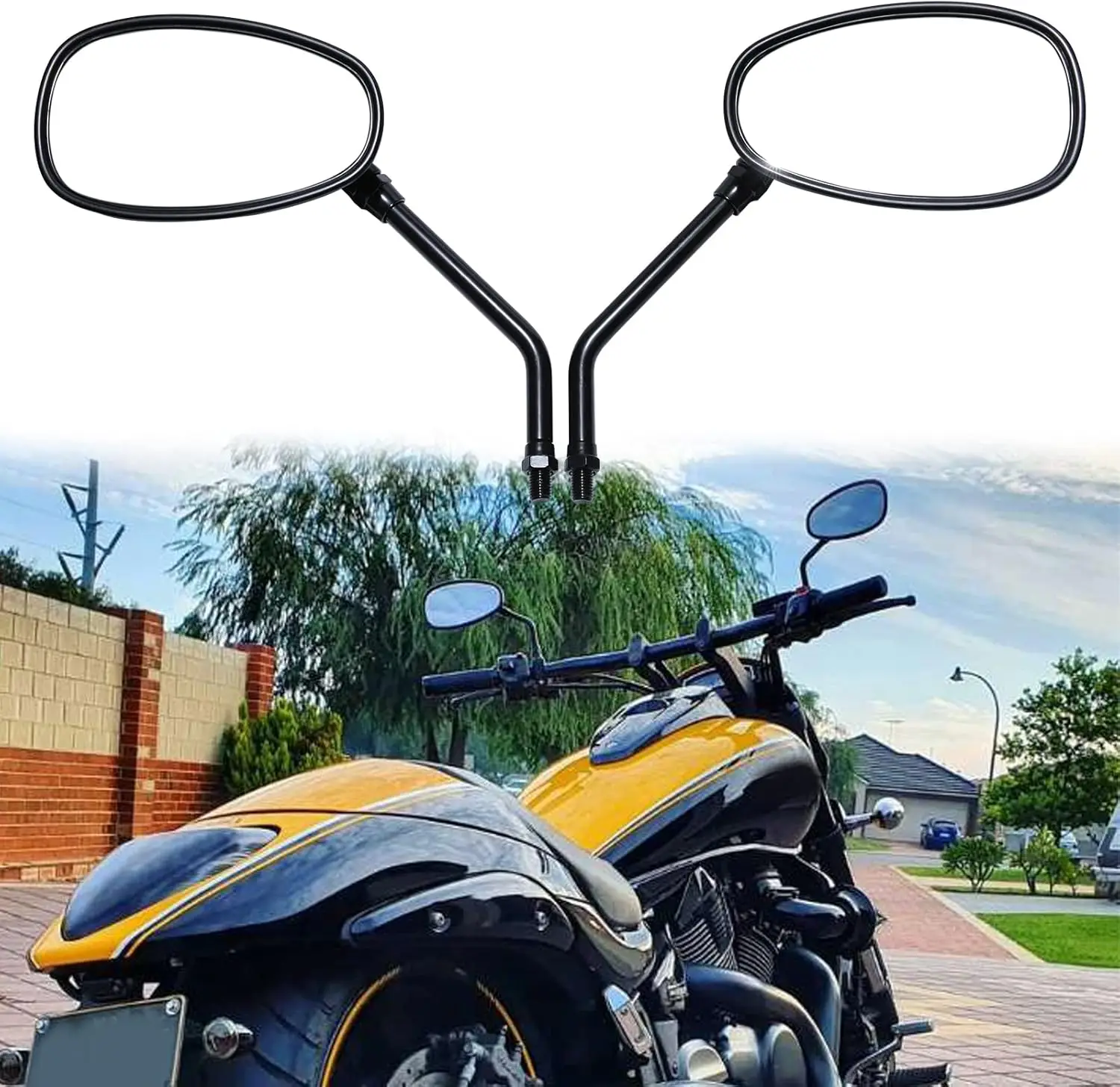 

10MM Black Motorcycle Handlebar Rearview Mirrors for Cruiser Scooter Bikes, Adjustable and Durable